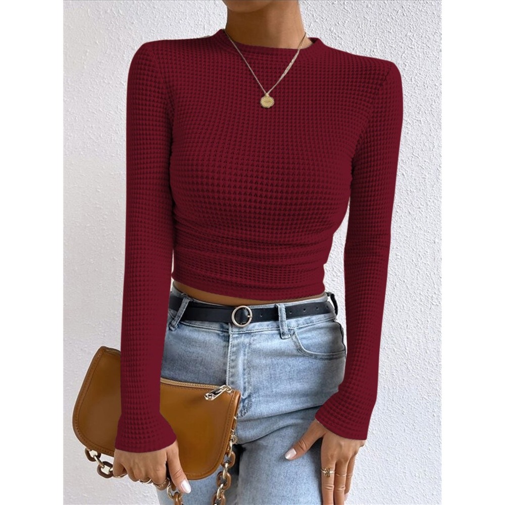 Commense Burgundy Waffle Knit Slim Fit Crew Neck Long Sleeve Sweater size M